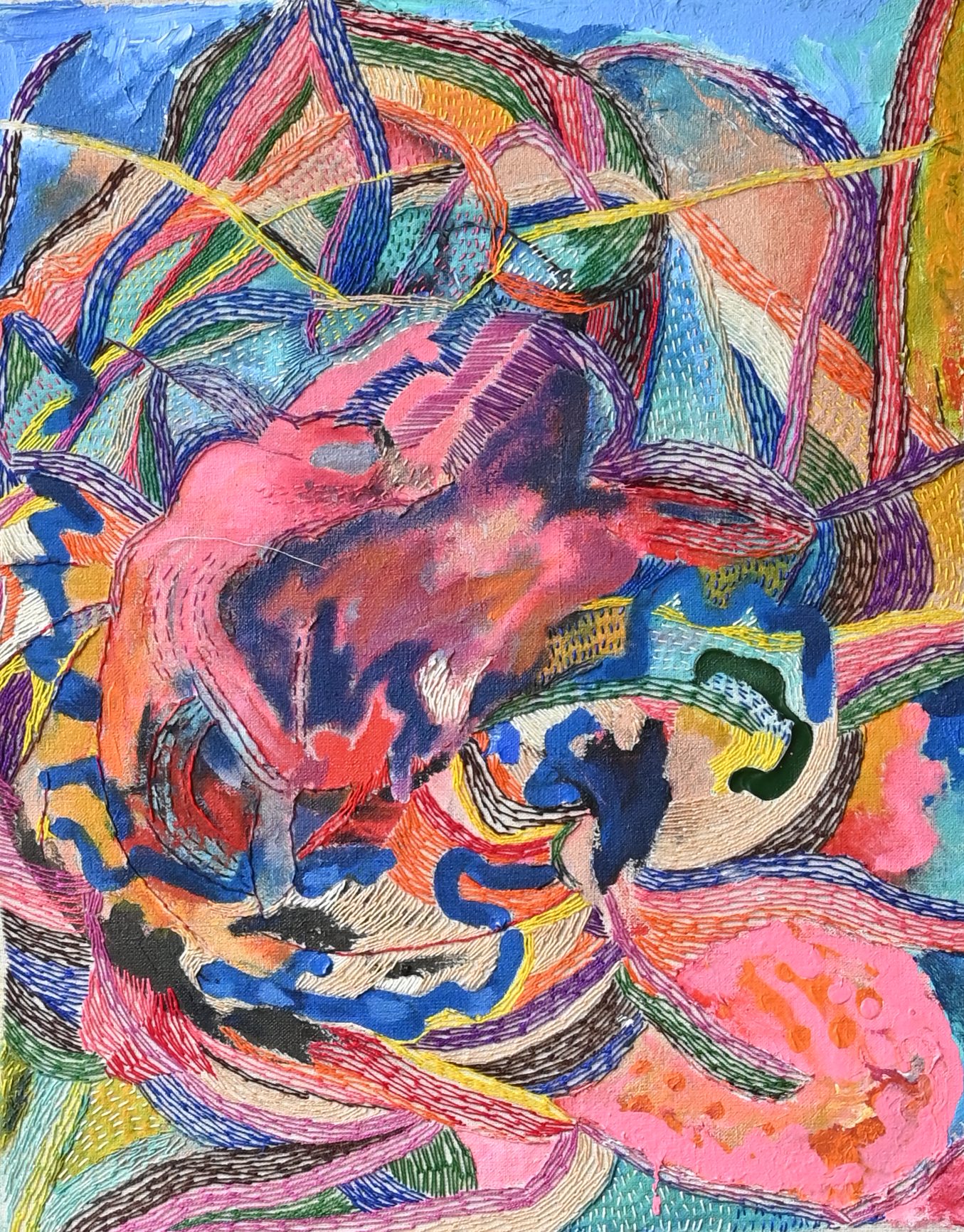 An abstract painting featuring vibrant colors with swirls and textured brushstrokes, blending hues like reds, blues, and golds to create a dynamic visual composition.