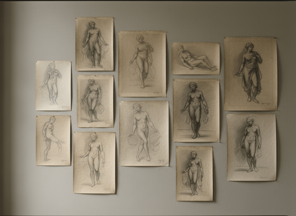 Muted, archival photograph of early academic figurative charcoal and pencil drawings pinned to a neutral wall, soft natural light, gallery documentation style, restrained earth-toned palette
