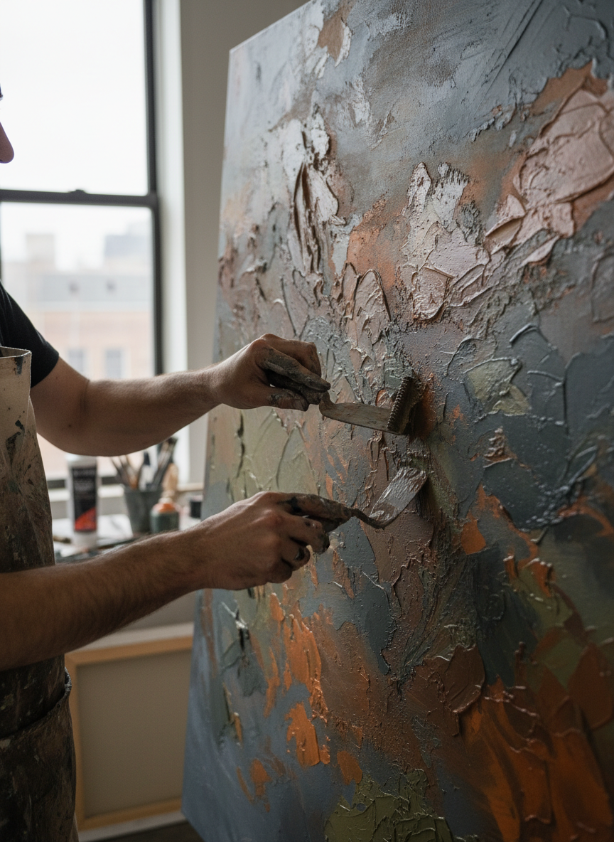 Close documentary photograph of an artist's hands working on a large textured abstract painting in a studio, slate grey and earthy tones, natural light, contemporary fine art practice, no text.